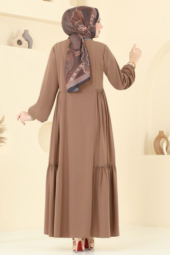 moda selvim Güpürlü Medine İpeği Ferace 2644SL432 Açık Kahve - Thumbnail