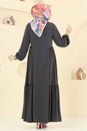 moda selvim Güpürlü Medine İpeği Ferace 2644SL432 Antrasit - Thumbnail