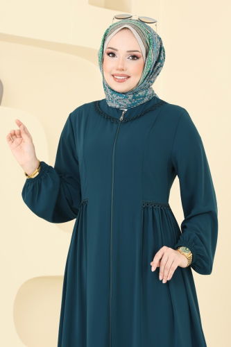 moda selvim Güpürlü Medine İpeği Ferace 2644SL432 Petrol - Thumbnail