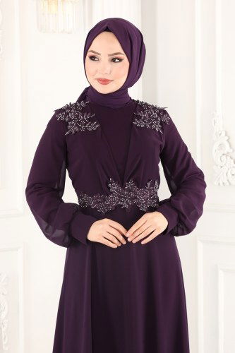 moda selvim Güpürlü Şifon Abiye 2215PN204 Mor - Thumbnail