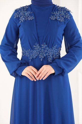 moda selvim Güpürlü Şifon Abiye 2215PN204 Saks - Thumbnail
