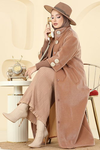 moda selvim Hakim Yaka Angora Kaban 1170OZT1013 Camel - Thumbnail