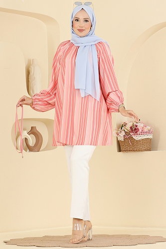 moda selvim Hakim Yaka Çizgili Tunik 3089KTR750 Pembe - Thumbnail