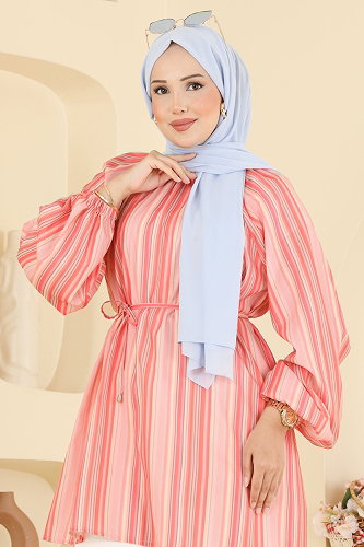 moda selvim Hakim Yaka Çizgili Tunik 3089KTR750 Pembe - Thumbnail