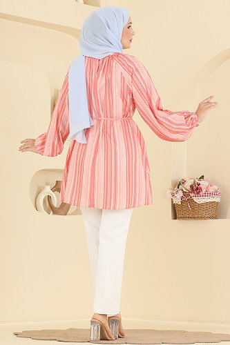 moda selvim Hakim Yaka Çizgili Tunik 3089KTR750 Pembe - Thumbnail