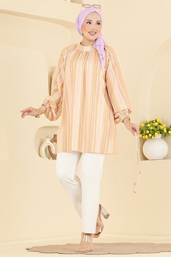 moda selvim Hakim Yaka Çizgili Tunik 3089KTR750 Sarı - Thumbnail
