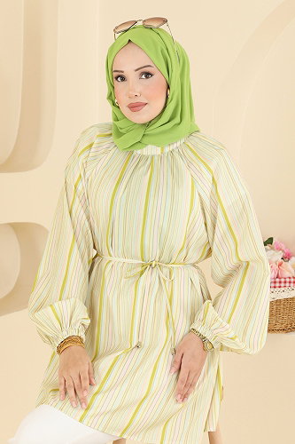 moda selvim Hakim Yaka Çizgili Tunik 3089KTR750 Yağ Yeşili - Thumbnail