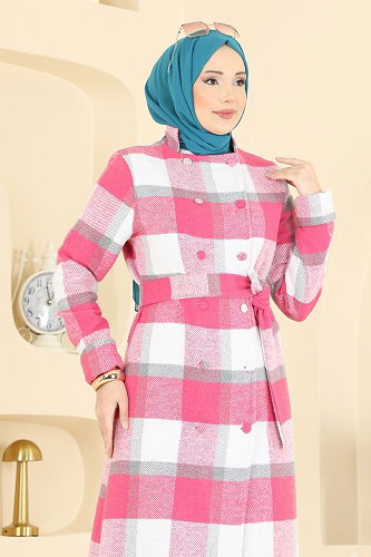 moda selvim Hakim Yaka Ekose Kap 24087UKBK1160 Fuşya - Thumbnail