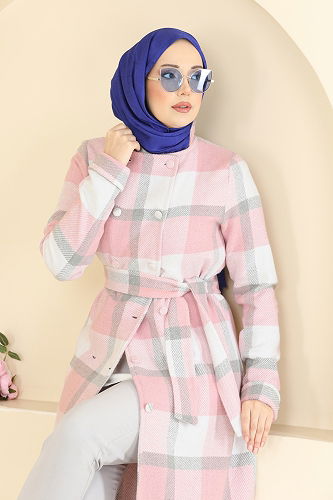 moda selvim Hakim Yaka Ekose Kap 24087UKBK1160 Pudra - Thumbnail