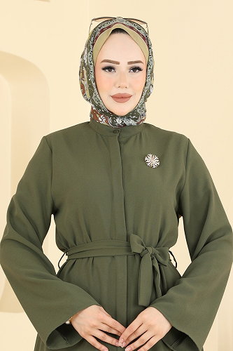 moda selvim Hakim Yaka Kemerli Ferace 235ASN888 Haki - Thumbnail