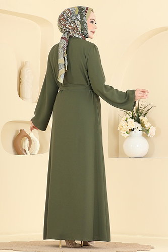 moda selvim Hakim Yaka Kemerli Ferace 235ASN888 Haki - Thumbnail