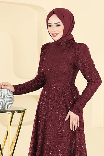moda selvim Hakim Yaka Simli Abiye 5808EDFK1198 Bordo - Thumbnail