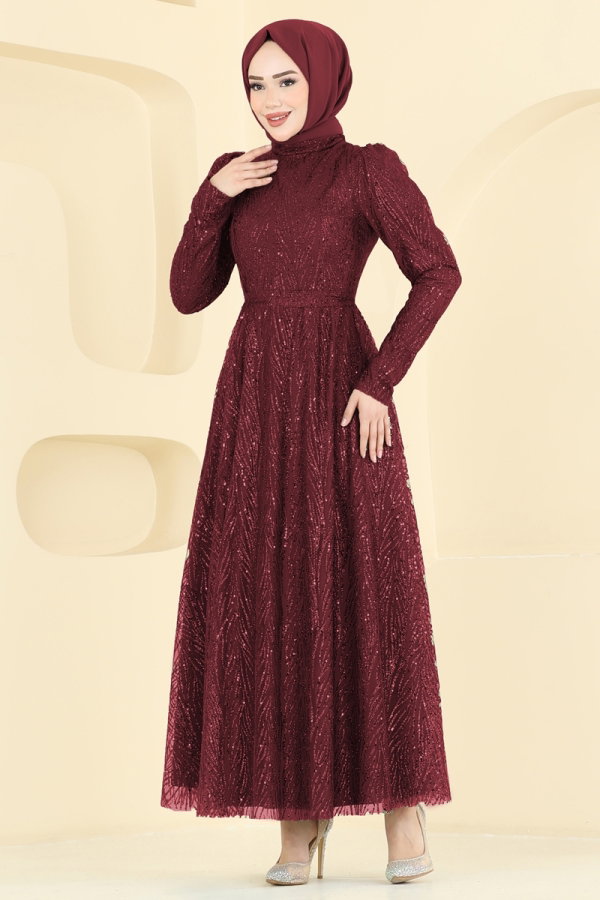 Modaselvim ABİYE Hakim Yaka Simli Abiye 5808EDFK1198 Bordo