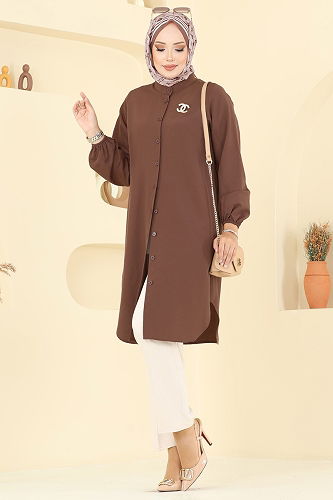 moda selvim Hakim Yaka Terikoton Tunik 4517PM271 Açık Kahve - Thumbnail