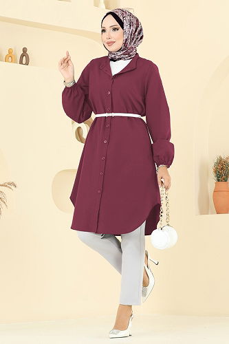 moda selvim Hakim Yaka Terikoton Tunik 4517PM271 Bordo - Thumbnail