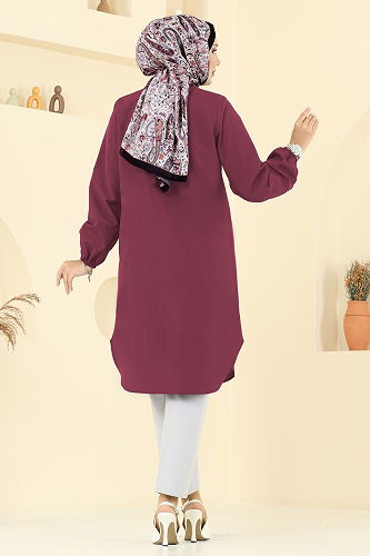 moda selvim Hakim Yaka Terikoton Tunik 4517PM271 Bordo - Thumbnail