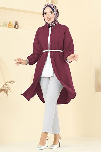 moda selvim Hakim Yaka Terikoton Tunik 4517PM271 Bordo - Thumbnail