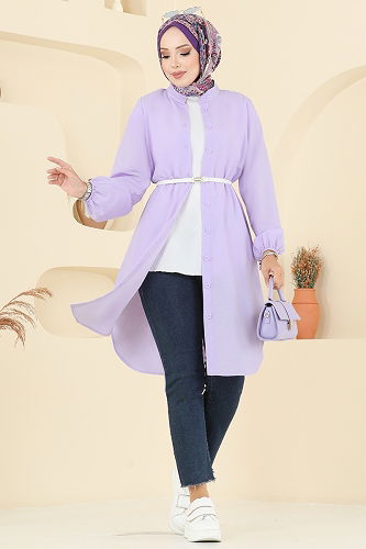 moda selvim Hakim Yaka Terikoton Tunik 4517PM271 Lila - Thumbnail
