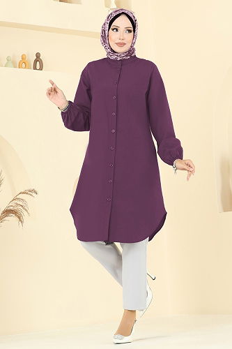 moda selvim Hakim Yaka Terikoton Tunik 4517PM271 Mürdüm - Thumbnail