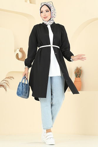 moda selvim Hakim Yaka Terikoton Tunik 4517PM271 Siyah - Thumbnail