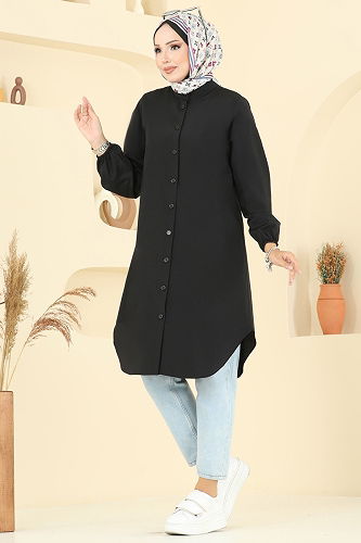 moda selvim Hakim Yaka Terikoton Tunik 4517PM271 Siyah - Thumbnail