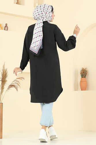 moda selvim Hakim Yaka Terikoton Tunik 4517PM271 Siyah - Thumbnail