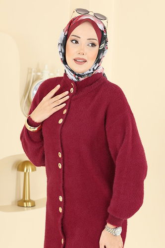 moda selvim Hakim Yaka Triko Hırka 8092KLB1050 Bordo - Thumbnail