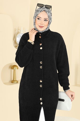 moda selvim Hakim Yaka Triko Hırka 8092KLB1050 Siyah - Thumbnail