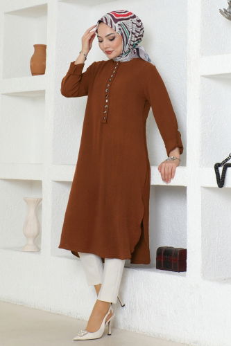 moda selvim Half Button Aerobin Tunic 320MP806 Brown - Thumbnail