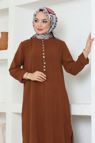 moda selvim Half Button Aerobin Tunic 320MP806 Brown - Thumbnail