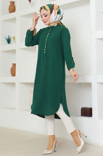 moda selvim Half Button Aerobin Tunic 320MP806 Emerald - Thumbnail