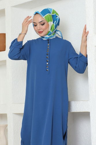 moda selvim Half Button Aerobin Tunic 320MP806 Indigo - Thumbnail