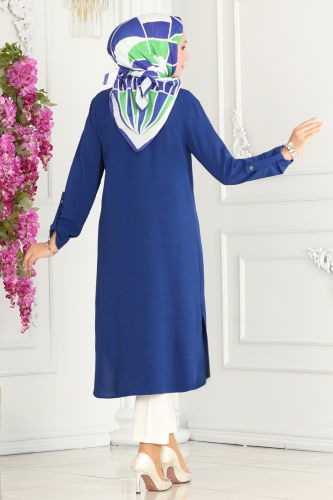 moda selvim Half Button Aerobin Tunic 320MP806 Navy Blue - Thumbnail