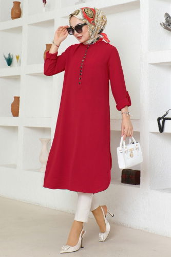 moda selvim Half Button Aerobin Tunic 320MP806 Red - Thumbnail