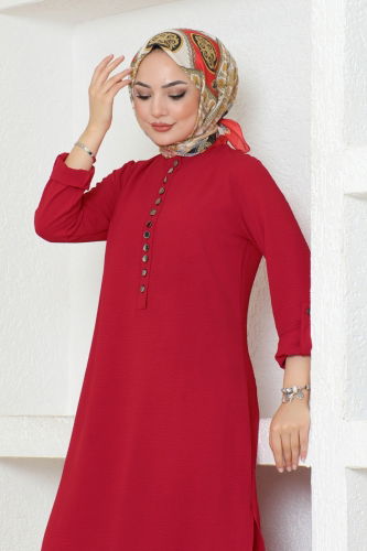 moda selvim Half Button Aerobin Tunic 320MP806 Red - Thumbnail