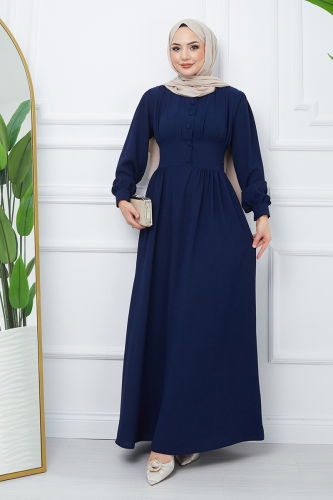 moda selvim Half Button Dress EFS545 Navy Blue - Thumbnail