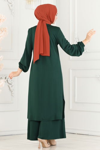 moda selvim Half Buttoned Hijab Suit 249DVL817 Emerald - Thumbnail