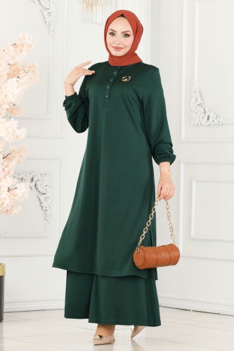 moda selvim Half Buttoned Hijab Suit 249DVL817 Emerald - Thumbnail