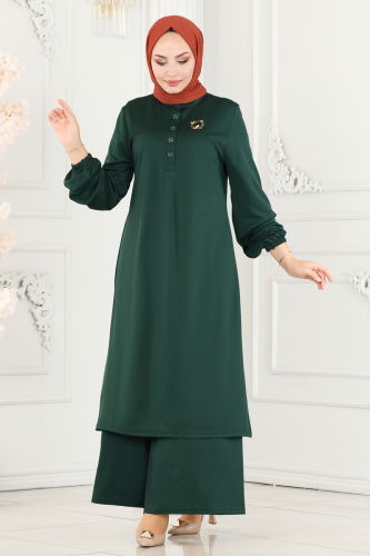 moda selvim Half Buttoned Hijab Suit 249DVL817 Emerald - Thumbnail