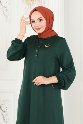 moda selvim Half Buttoned Hijab Suit 249DVL817 Emerald - Thumbnail