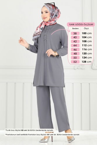 moda selvim Halka Detay Tesettür Takım PL9146 Antrasit - Thumbnail