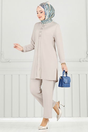 moda selvim Halka Detay Tesettür Takım PL9146 Taş - Thumbnail