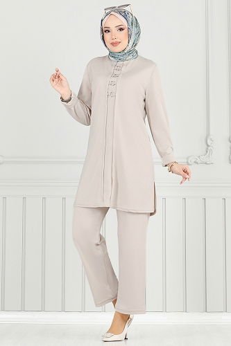 moda selvim Halka Detay Tesettür Takım PL9146 Taş - Thumbnail