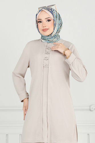 moda selvim Halka Detay Tesettür Takım PL9146 Taş - Thumbnail