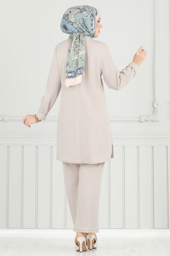 moda selvim Halka Detay Tesettür Takım PL9146 Taş - Thumbnail