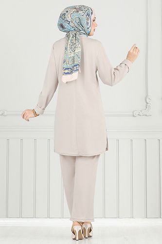 moda selvim Halka Detay Tesettür Takım PL9146 Taş - Thumbnail