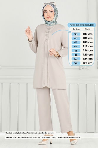 moda selvim Halka Detay Tesettür Takım PL9146 Taş - Thumbnail