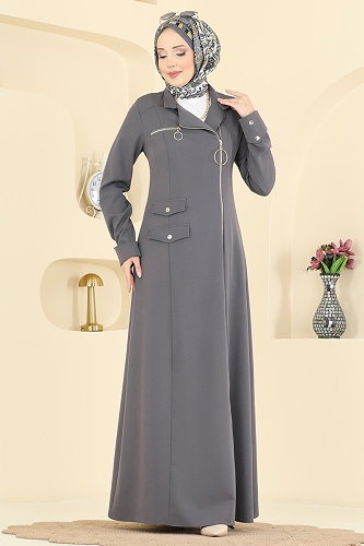 moda selvim Halka Fermuarlı Dabıl Ferace 2809SL432 Antrasit - Thumbnail