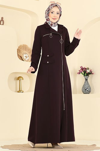 moda selvim Halka Fermuarlı Dabıl Ferace 2809SL432 Koyu Mürdüm - Thumbnail