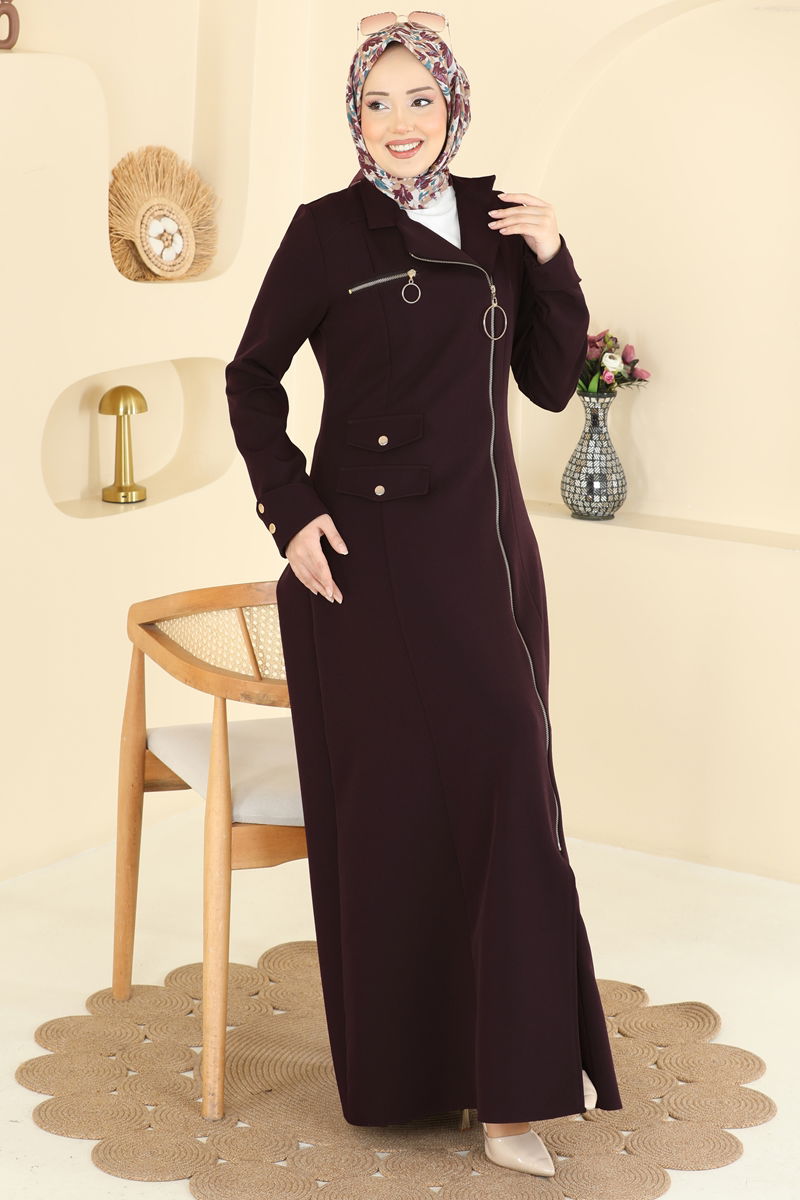 Halka Fermuarlı Dabıl Ferace 2809SL432 Koyu Mürdüm